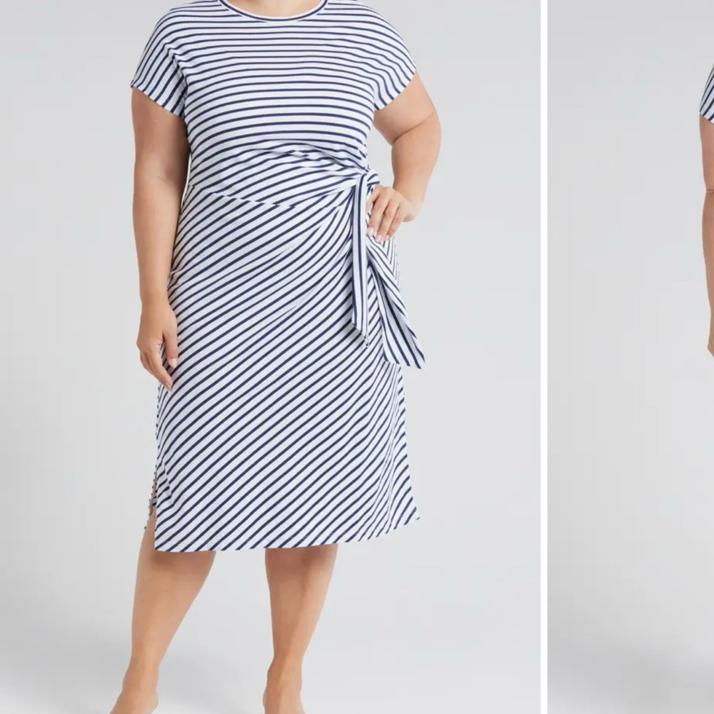 Universal Standard Striped Navy and White Crescent Knot T-Shirt Dress